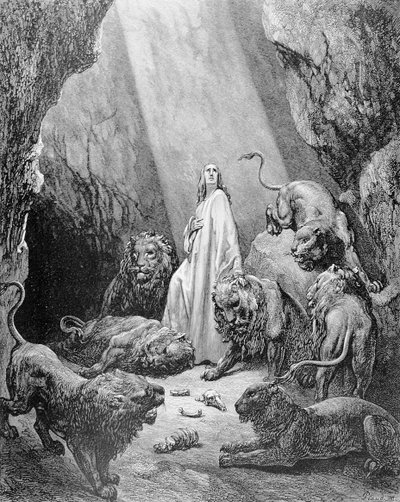 Daniel in der Löwengrube, graviert von Antoine Alphee Piaud, ca. 1868 von Gustave Dore